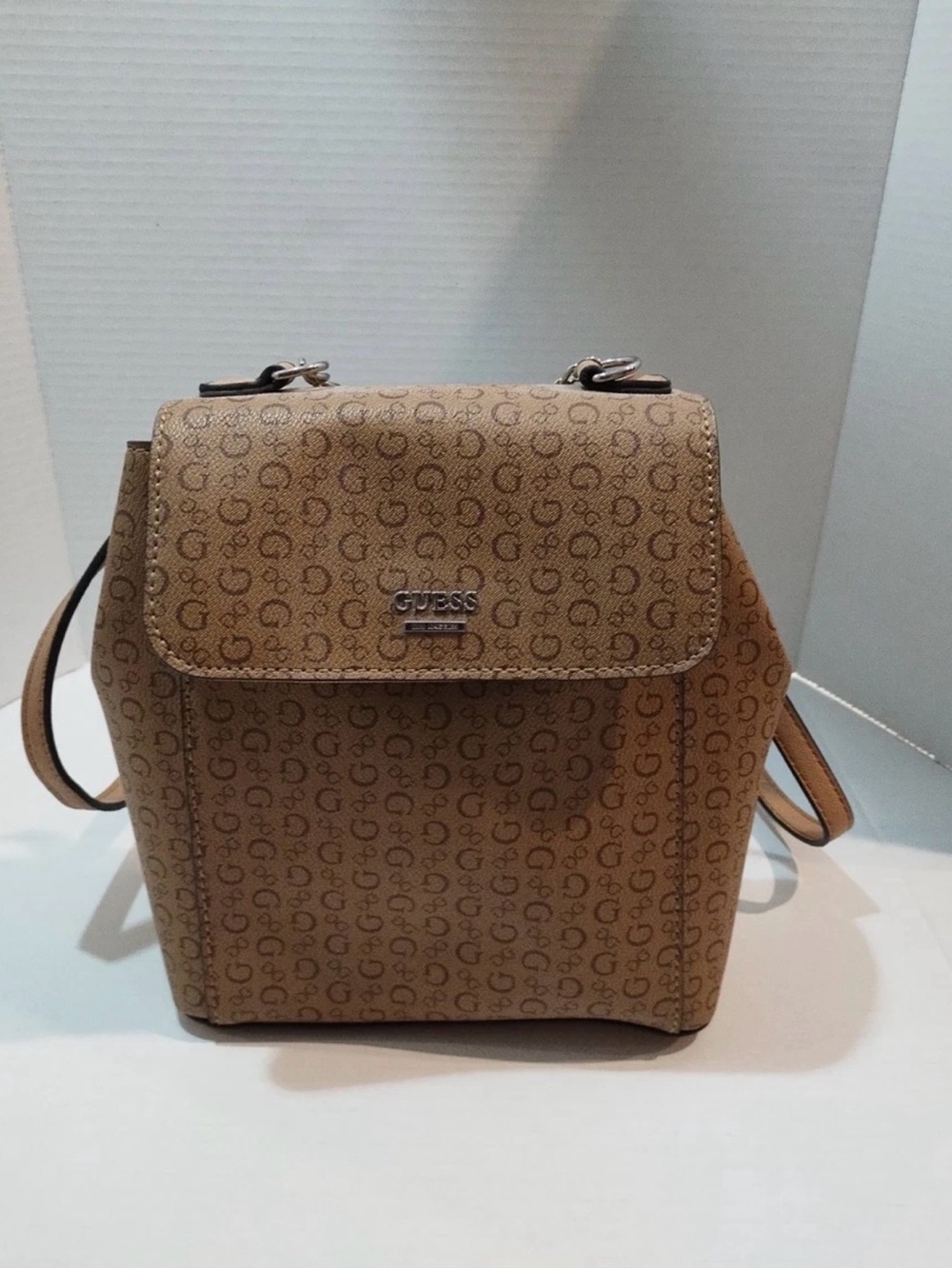 GUESS Tan Logo-Print Backpack with Top Flap